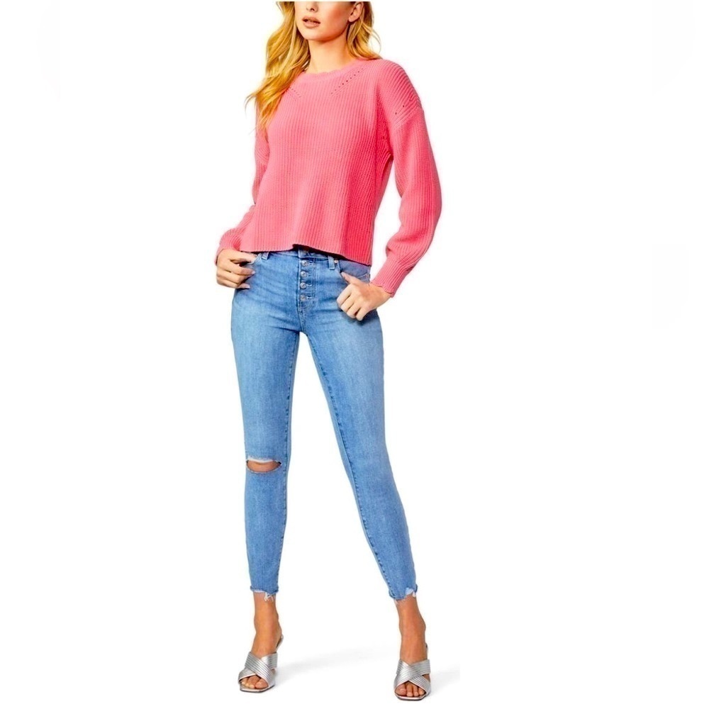 PAIGE Yenni Balloon Sleeve Sultry Rose Scalloped Crew Neck Sweater - Sz Med, NWT - Picture 6 of 14